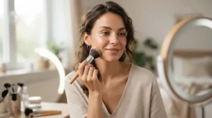 Blending a contour stick for mature skin with a soft brush for a natural lifted effect.