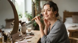 Applying a cool-toned bronzer for pale skin that avoids orange tones along the cheekbone with a fluffy brush