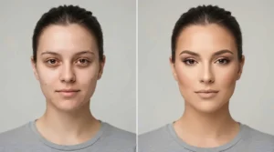 Side-by-side demonstration of bronzer for pale skin that avoids orange tones for a sculpted effect