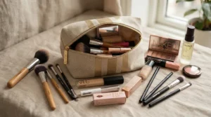 A makeup bag flat lay featuring a reliable bronzer for pale skin that avoids orange tones and brushes