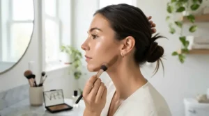 Defining the jawline using a subtle bronzer for pale skin that avoids orange tones