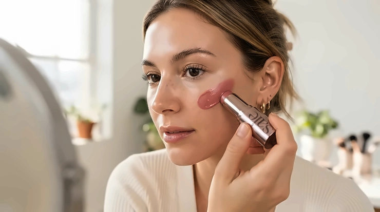 Step-by-step application of a contour stick for mature skin on a woman's cheekbone in natural light