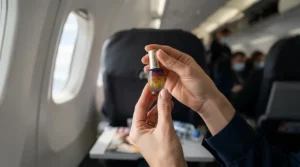 A passenger holding a contour stick for on-the-go touch-ups inside an airplane cabin