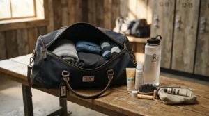 A gym locker room scene showing a fitness bag with a contour stick for on-the-go touch-ups