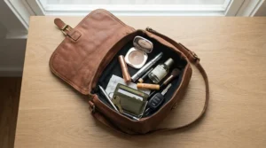 An open leather handbag displaying a contour stick for on-the-go touch-ups and everyday makeup