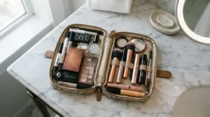 A travel toiletry bag neatly packed with a contour stick for on-the-go touch-ups