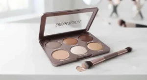 Cream contour palette for beginners with blending brush in a sleek compact case.