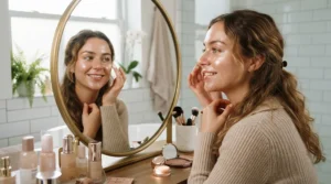 Layering a skin-like cream highlighter for a natural dewy look during an everyday routine