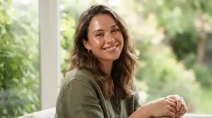 A smiling woman showcasing a cream highlighter for a natural dewy look and bare skin