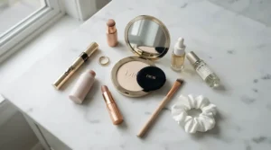 Minimalist makeup essentials featuring a cream highlighter for a natural dewy look on a vanity