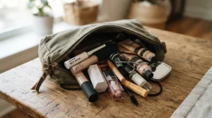 A portable contour palette under $20 packed neatly inside a stylish makeup travel bag.
