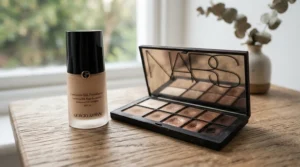 A drugstore contour palette under $20 open to show highlight and shade pans with a step-by-step layout.