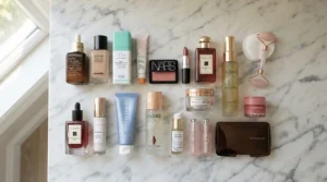 Flat lay of makeup kit featuring cream bronzer and powder bronzer for dry skin care