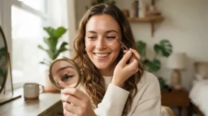 Woman smiling while holding a contour stick for mature skin in a sunlit modern bathroom.