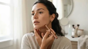 Lightweight formula of a contour stick for mature skin being dotted along the jawline.