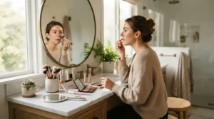 Applying a highlighter for fair skin without glitter fallout during a bright morning bathroom routine