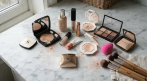 Demonstrating a non-glittery highlighter for fair skin without glitter fallout on porcelain skin