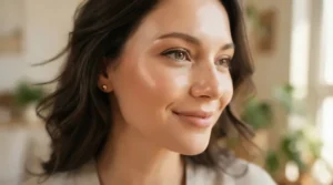 Close-up showing the smooth pigment of a highlighter for fair skin without glitter fallout on cheekbones