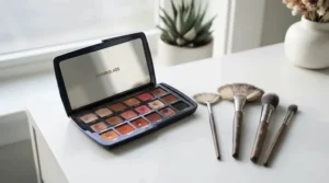 A highlighter palette for beginners shown alongside correct application brushes