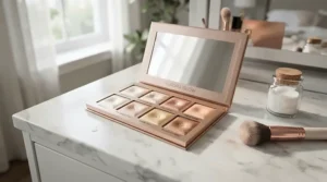 An easy-to-use highlighter palette for beginners displayed on a vanity with soft lighting