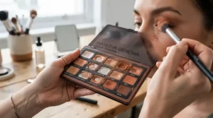 A beginner using a multi-shade highlighter palette for basic strobing techniques in a bright studio