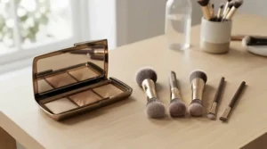 A multi-dimensional glow highlighter palette for deep skin tones captured during a professional makeup tutorial.