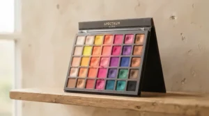 An inclusive shade highlighter palette for deep skin tones displayed open against a modern minimalist background.