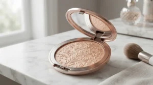 A luxury highlighter palette for deep skin tones featuring elegant packaging and embossed powder designs.