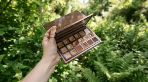 A highlighter palette for deep skin tones photographed outdoors in bright natural daylight to show true color.