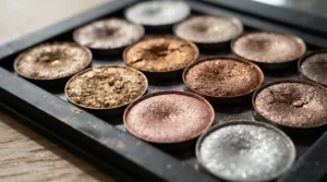 Close-up of a richly pigmented highlighter palette for deep skin tones showing vibrant bronze and copper pans.