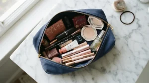 An open makeup bag displaying an affordable highlighter under $15 alongside everyday cosmetic favorites.