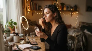 Getting ready for a night out by adding a touch of highlighter under $15 to the bridge of the nose.