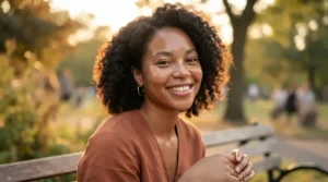 A smiling woman showing off a radiant glow from a highlighter under $15 during an outdoor park walk.