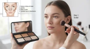 Step-by-step application guide demonstrating a contour palette for beginners on a model.