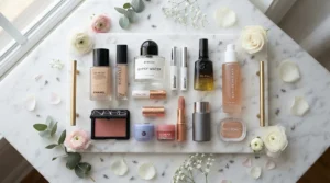 A stylish flat lay featuring skincare bottles and an illuminating primer for dry skin on a marble countertop