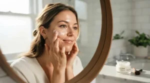 A woman applying an illuminating primer for dry skin as part of her morning skincare routine in a bright bathroom