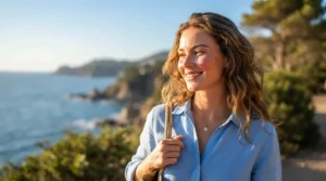 A smiling woman showing off the natural radiance provided by an illuminating primer for dry skin outdoors