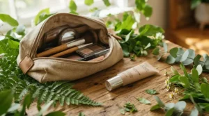 An illuminating primer for dry skin tucked neatly inside an everyday cosmetic pouch on a wooden vanity