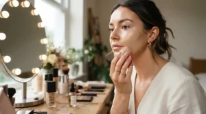 Applying liquid foundation smoothly over an illuminating primer for dry skin for a radiant base