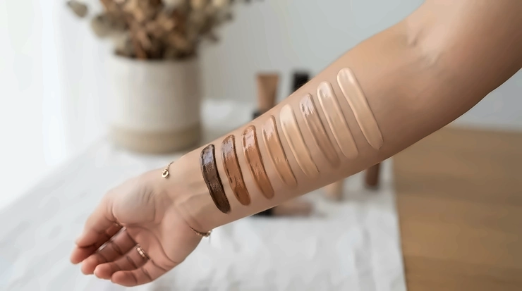 Clean pigment swatches of a contour palette under $20 shown on human skin to demonstrate color payoff.