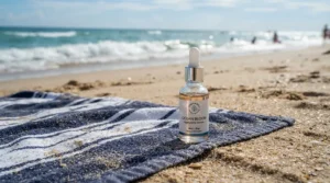 A vacation scene featuring a luminous liquid highlighter for dry skin on a beach towel.