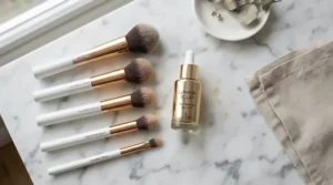 A flat lay arrangement showcasing liquid highlighter for dry skin alongside makeup brushes.