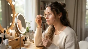 Applying a luminous liquid highlighter for dry skin before going out for the evening.