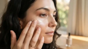 A close-up shot applying liquid highlighter for dry skin under soft, natural morning sunlight.
