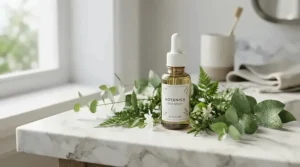 An illuminating serum used as a liquid highlighter for dry skin on a vanity table.