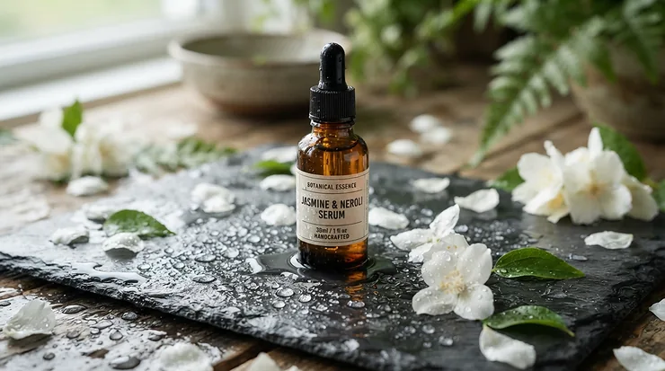 Spa-inspired flat lay featuring a nourishing liquid highlighter for dry skin and fresh botanicals.
