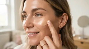 liquid highlighter vs powder highlighter for mature skin demonstrating blendability on the cheek with fingers