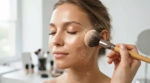 liquid highlighter vs powder highlighter for mature skin being applied delicately with a fluffy makeup brush