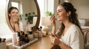 liquid highlighter vs powder highlighter for mature skin application on cheekbones in a bright modern bathroom