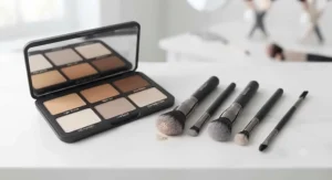 Essential makeup brushes arranged next to a beginner-friendly contour palette.